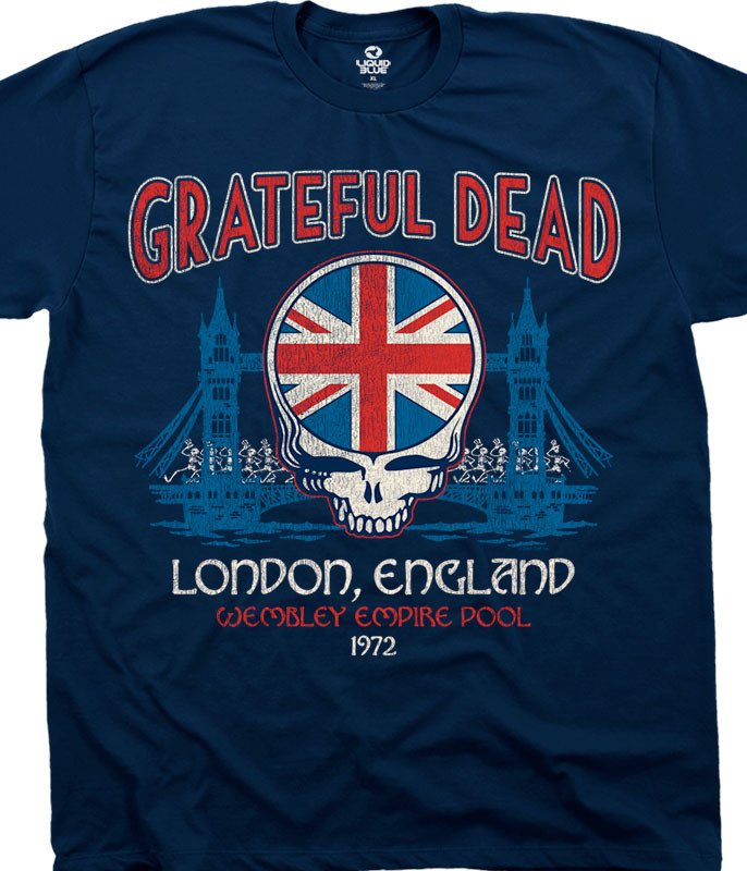 Grateful Dead Wembley Empire Pool Navy Athletic T-Shirt Tee Liquid Blue