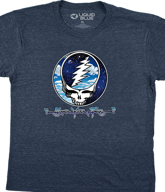 Grateful Dead Steal Your Sky And Space Dark Blue Heather Poly-Cotton T-Shirt Tee Liquid Blue