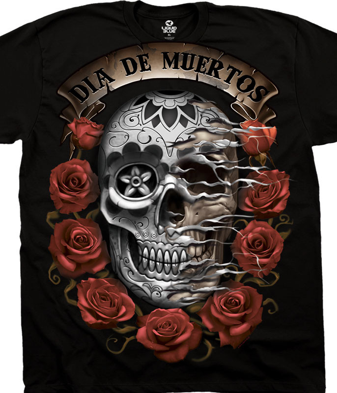 Latin Art Dia De Muertos Skull Black T-Shirt Tee Liquid Blue