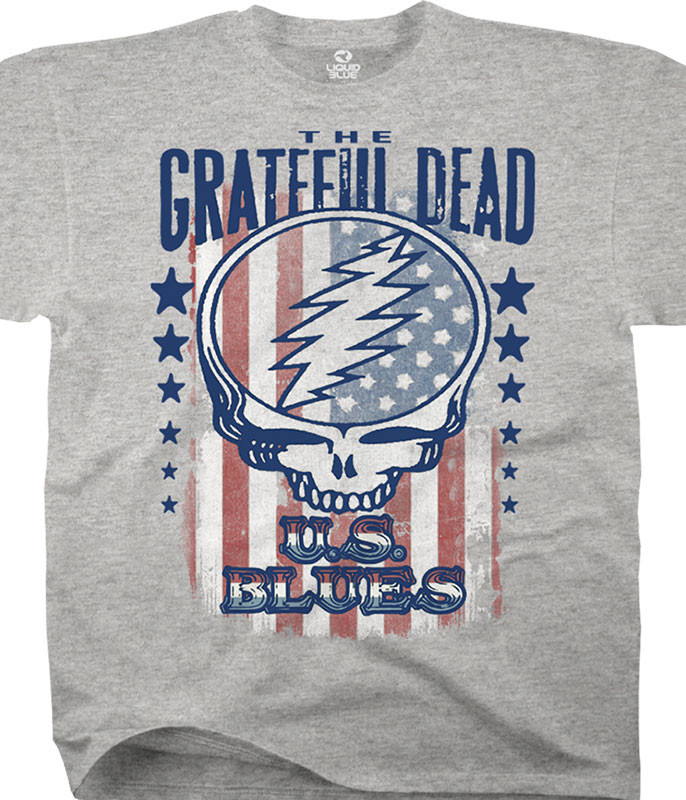 Grateful Dead U.S. Blues Heather Grey Poly-Cotton T-Shirt Tee Tee Liquid Blue