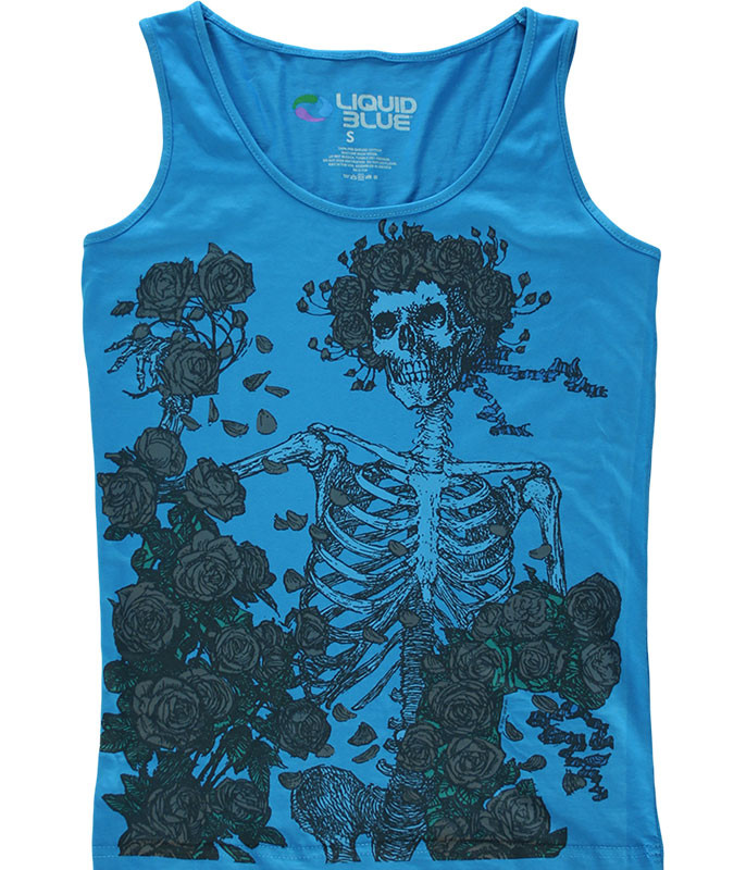 Grateful Dead Skeleton and Roses Blue Juniors Tank Top T-Shirt Tee Liquid Blue