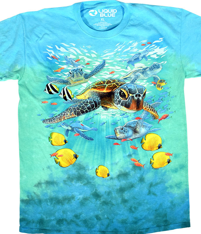 Aquatic Sea Turtles Tie-Dye T-Shirt Tee Liquid Blue