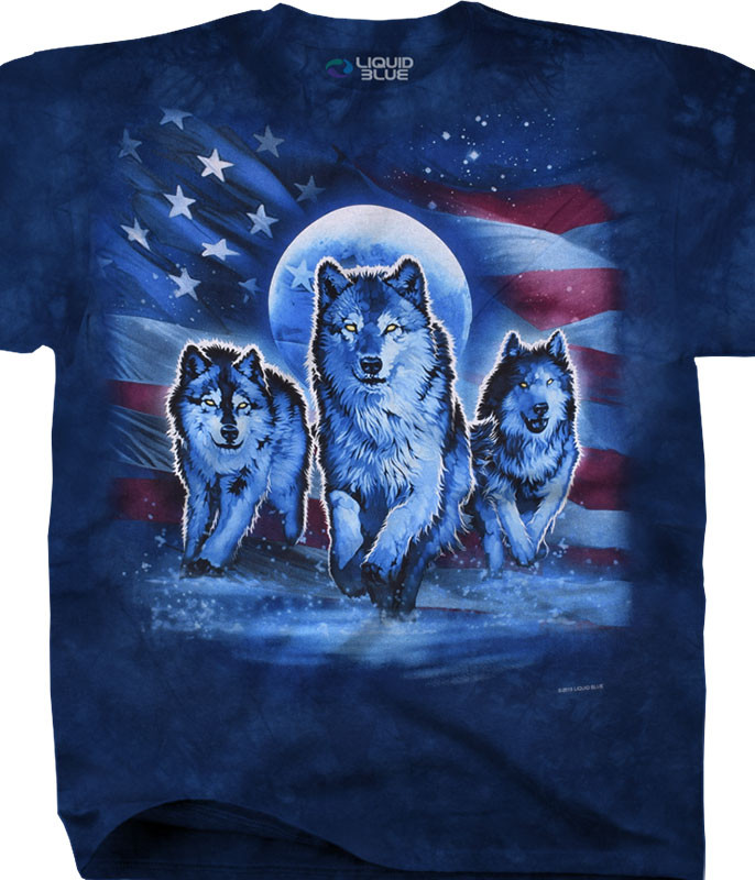 Americana Patriotic Wolf Pack Tie-Dye T-Shirt Tee Liquid Blue