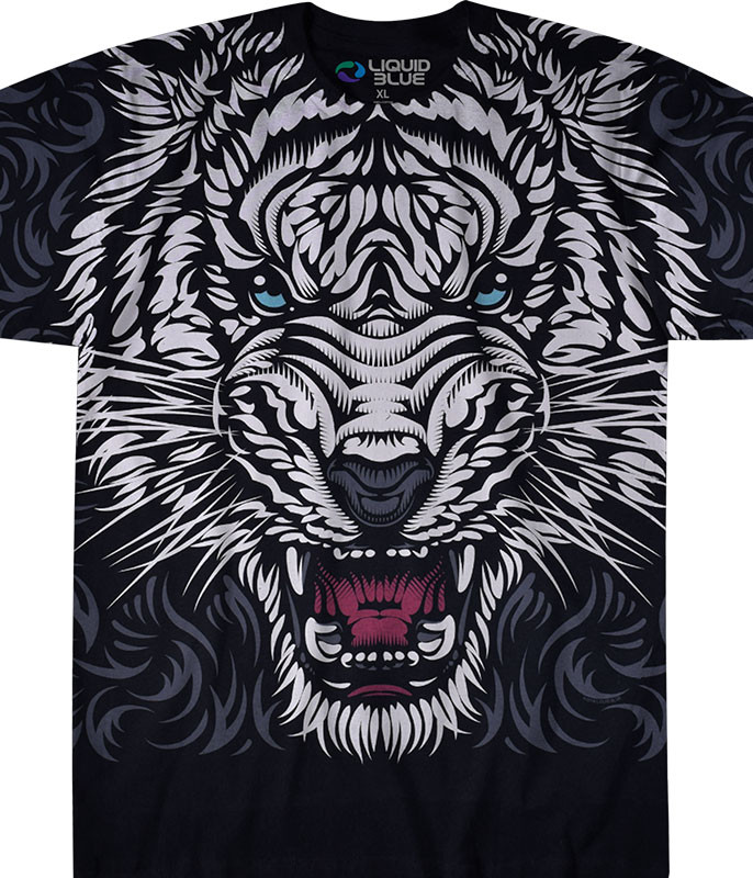 Exotic Wildlife White Tiger Stare Black T-Shirt Tee Liquid Blue