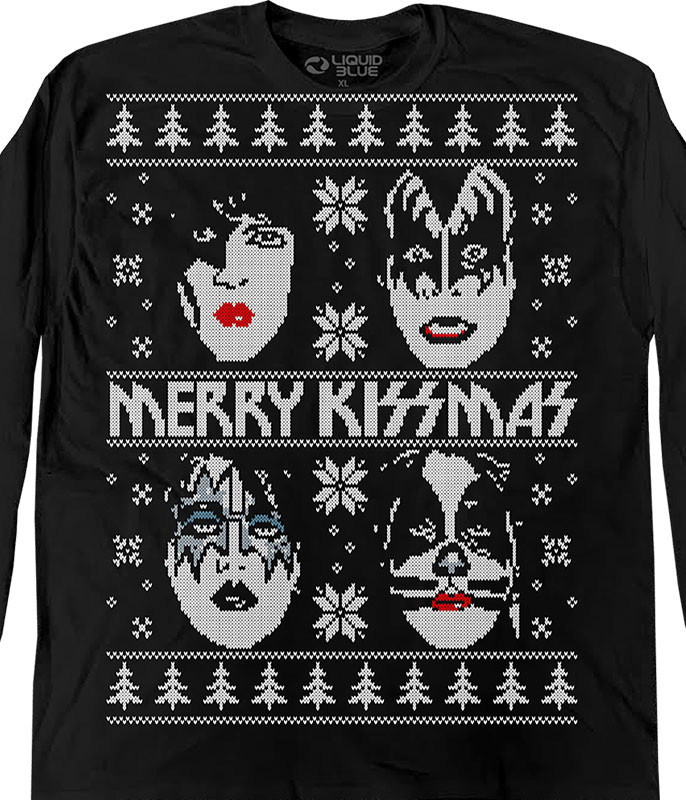 KISS Merry KISSmas Sweater Black Long Sleeve T-Shirt Tee Liquid Blue