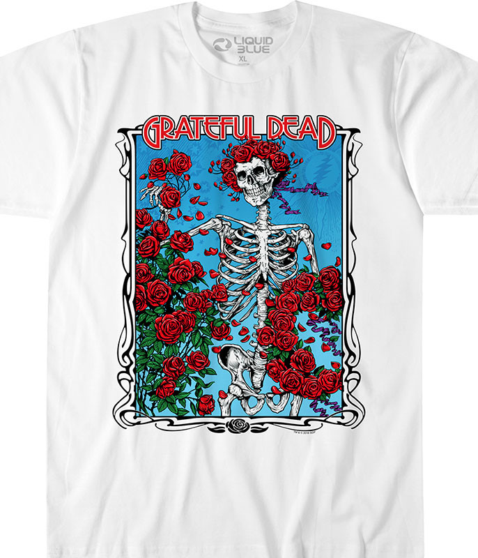 Grateful Dead Bertha Wheel & Roses White Athletic T-Shirt Tee Liquid Blue