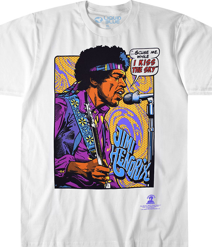 POP ART Tee over print　XL Jimi Hendrix Hendrix Pop Art White T-Shirt Tee Liquid Blue