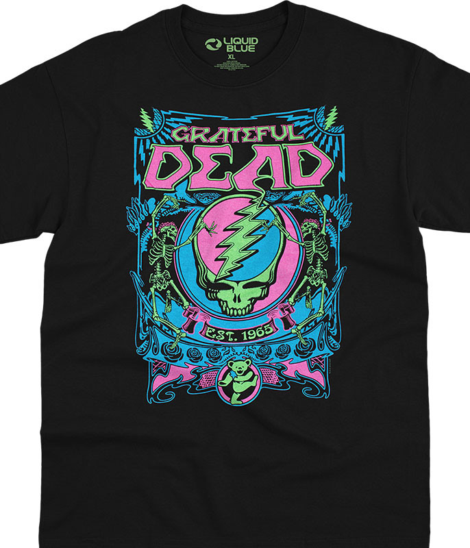 その他 GRATEFUL DEAD - SYF W/BOLT LAMP Grateful Dead SYF Blacklight Black T-Shirt Tee Liquid Blue