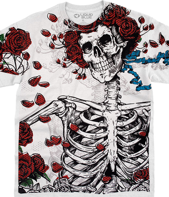 Liquid Blue Woodcut Wheel & Roses Long Sleeve Natural T-Shirt - XL