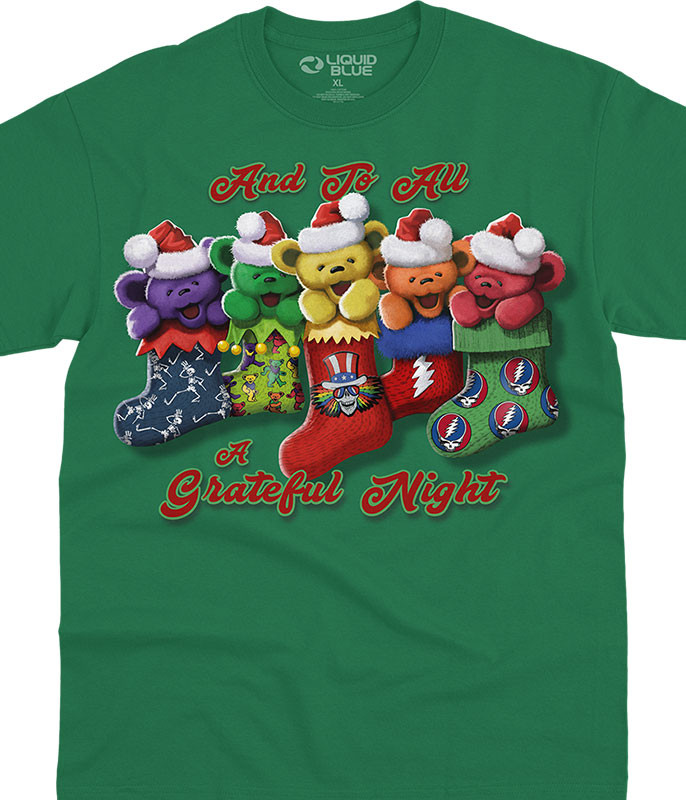 Grateful Dead Xmas Stocking Bears Green T-Shirt Tee Liquid Blue