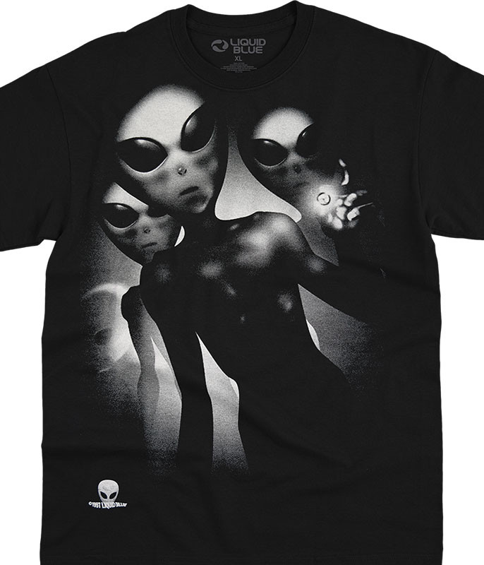 Space Alien Visitors Black T-Shirt Tee Liquid Blue