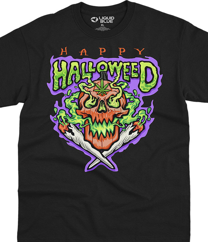 Halloweed Skull Halloween Black T-Shirt Tee Liquid Blue