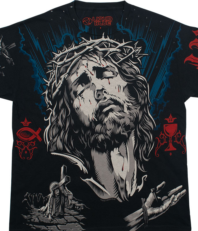 Dark Fantasy Jesus Ascension Black T-Shirt Tee Liquid Blue