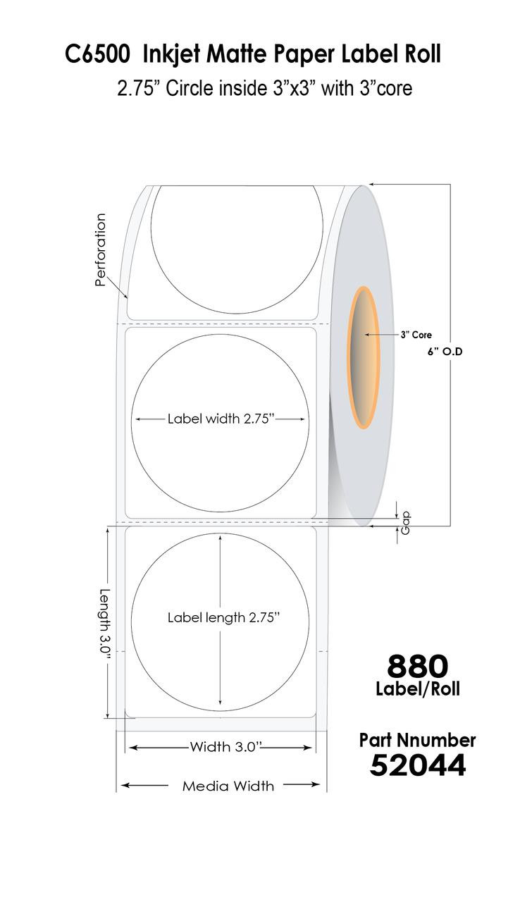 C6500 2.75” Circle inside 3”x3” Inkjet Matte Paper Label 880/Roll