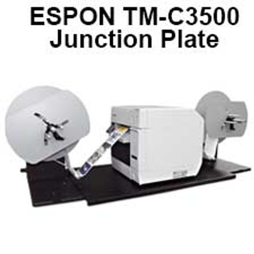 Epson TM-C3500 shown sitting on the junction plate with the label unwinder and rewinder attached.