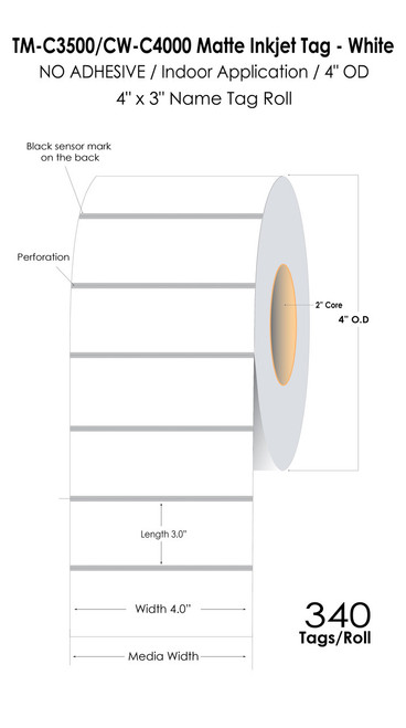 TM-C3500 4" x 3" Matte Tags 340/Roll 2" Core/4" OD