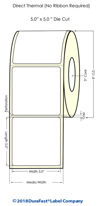 Direct Thermal White 5" x 5" (1UP) 1100 Labels/Roll Sold by Durafast Label Company