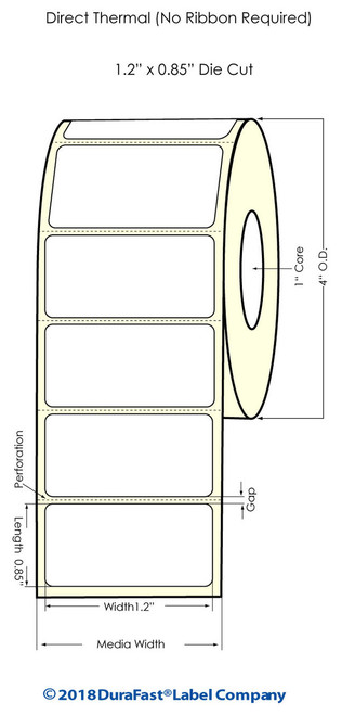 Direct Thermal White 1.2" x 0.85" (1UP) 1500 Labels/Roll Sold by Durafast Label Company