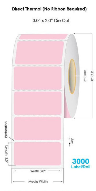 Industrial Pink Direct Thermal 3" x 2" Floodcoated Labels 3000/Roll - 3" Core | 8" OD