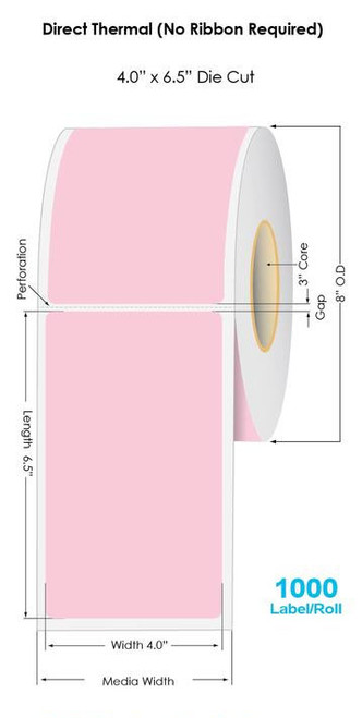 Industrial Pink Direct Thermal 4" x 6.5" Floodcoated Labels 1000/Roll - 3" Core | 8" OD