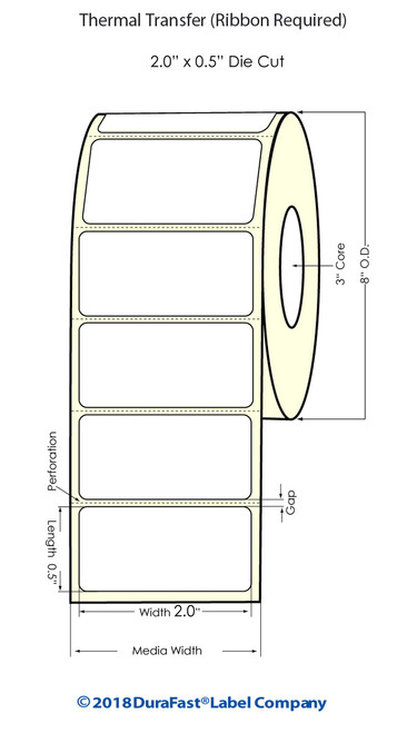 Thermal Transfer White 2" x 0.5" (1UP) 9600 Labels/Roll Sold by DuraFast Label Company