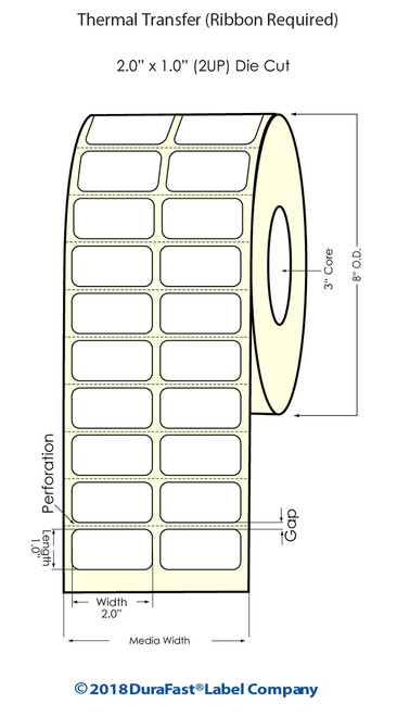 Thermal Transfer White 2" x 1" (2UP) 10200 Labels/Roll Sold by DuraFast Label Company