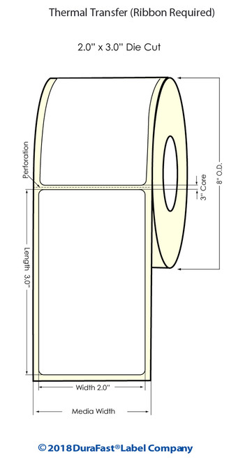 Thermal Transfer White 2" x 3" (1UP) 1800 Labels/Roll Sold by DuraFast Label Company