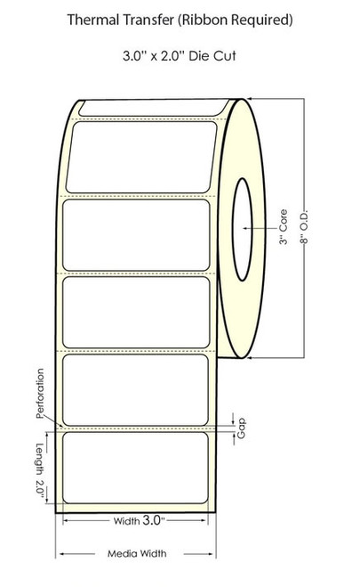 Thermal Transfer White 3" x 2" (1UP) 2750 Labels/Roll Sold by DuraFast Label Company