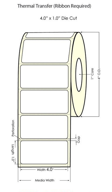 Thermal Transfer White 4" x 1" (1UP) 1300 Labels/Roll Sold by DuraFast Label Company