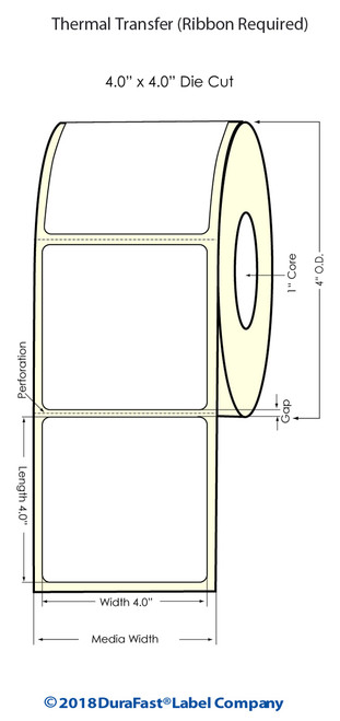 Thermal Transfer White 4" x 4" (1UP) 350 Labels/Roll Sold by DuraFast Label Company