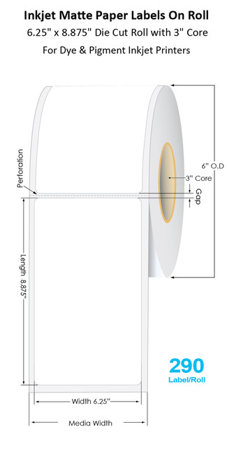 C6500 6.25" x 8.875" Inkjet Matte Paper Die Cut Label Roll | 290/Roll | 3" Core/6"OD