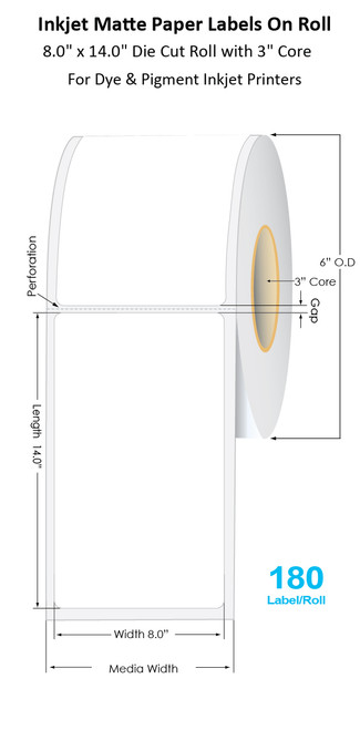 C6500 8" x 14" Inkjet Matte Paper Die Cut Label Roll | 180/Roll | 3" Core/6"OD