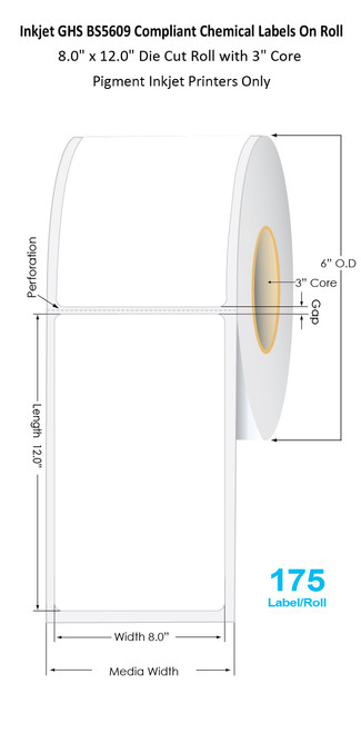 C6500 8" x 12" Inkjet Chemical Die Cut Label Roll | 175/Roll | 3" Core/6"OD (56022)