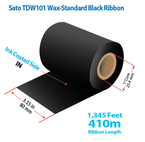 SATO 3.15" x 1345 Ft TDW101 Wax Ribbon with INK IN | 24/CTN (39039)