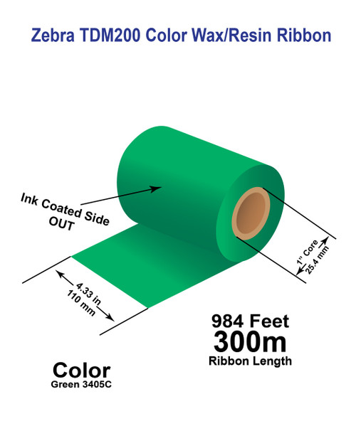 Zebra 4.33" x 984 feet GREEN 3405C TDM200 Wax/Resin Color Ribbon with Ink OUT | 24/Ctn