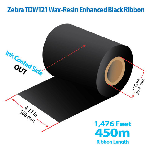 Zebra 4.17" x 1476 Ft TDW121 Resin Enhanced Wax Ribbon with INK OUT | 24/CTN (39144)