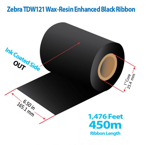 Zebra 6.5" x 1476 Feet TDW121 Black Wax Ribbon with Ink OUT | 12/Ctn