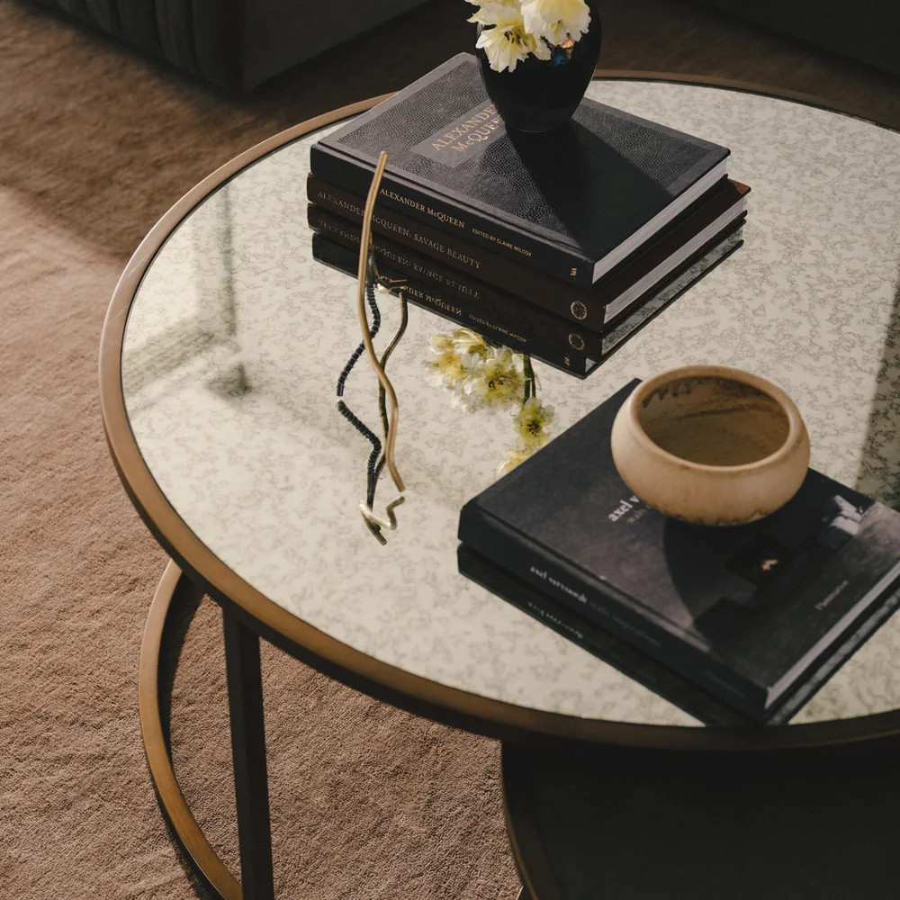 Arden Round Coffee Table w Shelf - Brass