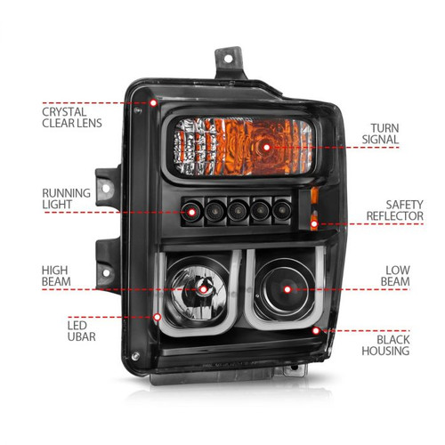 Anzo F-250 Projector Headlights w/ U-Bar Black (2008-2010)