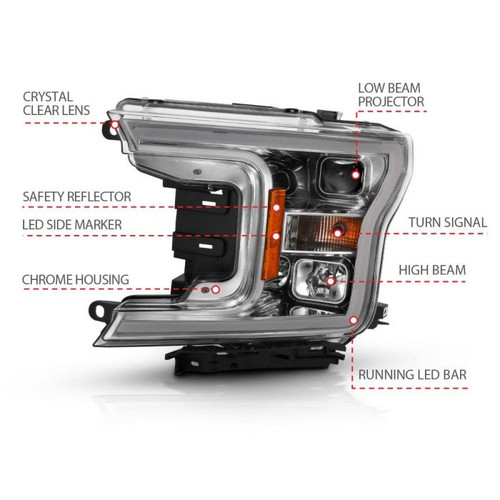 Anzo F-150 Projector Plank Style Headlight Chrome Amber w/o Switchback (2018-2019)