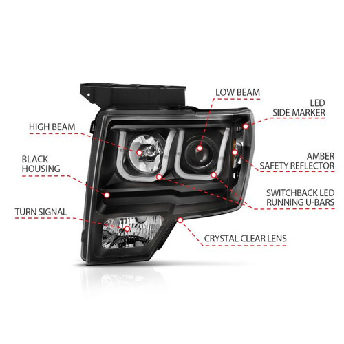 Anzo F-150 Projector Headlights w/ U-Bar Switchback Black w/ Amber (2009-2014)
