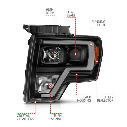 Anzo F-150 Projector Light Bar Headlight Black Amber - For Halogen Models (2009-2014)