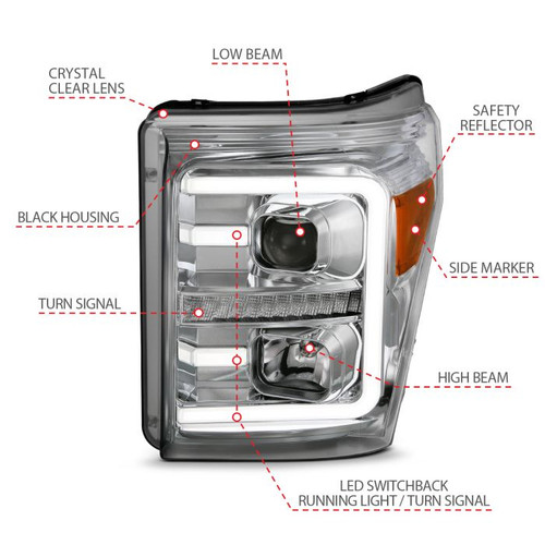 Anzo F-250/F-350/F-450 Projector Headlights w/ Plank Style Switchback Chrome w/Amber (2011-2016)
