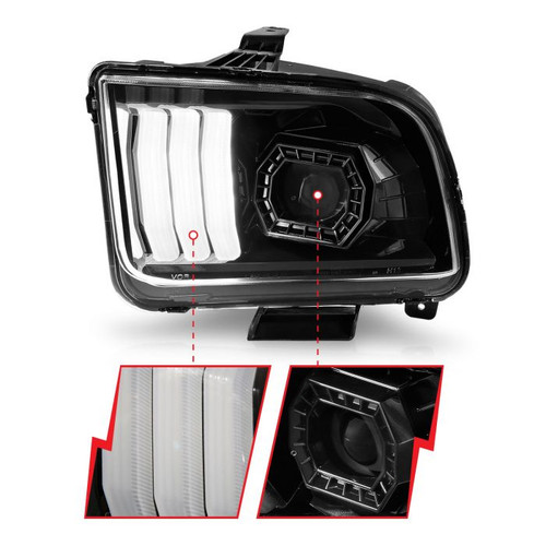 Anzo Mustang (w/Factory Halogen HL Only) Projector Headlights w/Light Bar Black Housing (2005-2009)