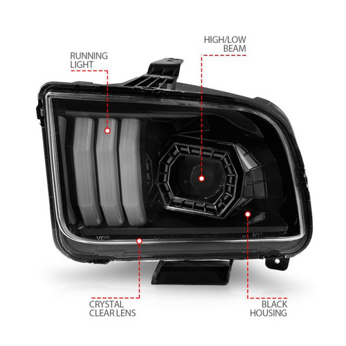 Anzo Mustang (w/Factory Halogen HL Only) Projector Headlights w/Light Bar Black Housing (2005-2009)