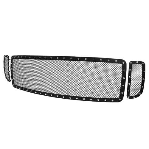 Spec-D Tuning HBG-F25099BKSS-YH F-250 Stainless Steel Mesh 3 Piece Front Grill Insert - Black (2000-2004)