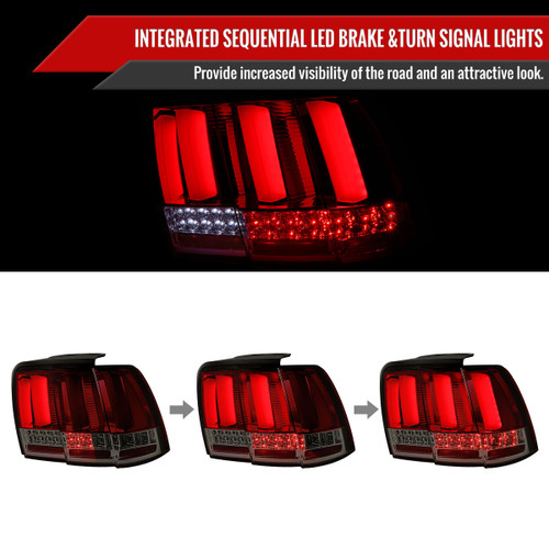 Spec-D Tuning Mustang Sequential LED Tail Lights - Chrome Housing, Smoked Red Lens (1999-2004)