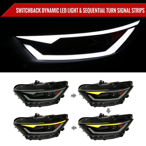 Spec-D Tuning Mustang Xenon HID Switchback Sequential Projector Headlights w/ LED Strips - Matte Black Housing, Smoked Lens (2015-2017)