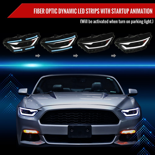 Spec-D Tuning Mustang Xenon HID Switchback Sequential Projector Headlights w/ LED Strips - Matte Black Housing, Smoked Lens (2015-2017)