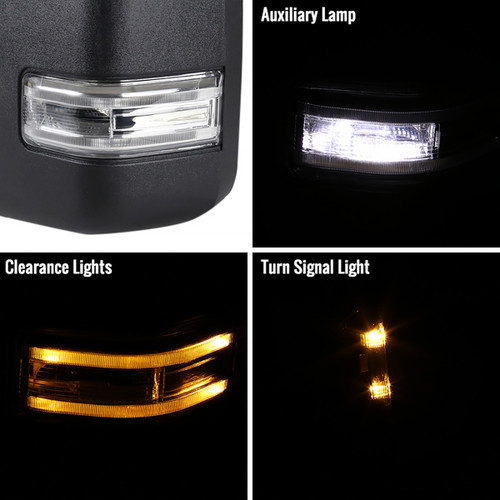 Spec-D Tuning F-150 Power Adjustable, Heated Tow Mirrors - Black w/ Clear LED Turn Signals, Puddle, Clearnace & Auxiliary Lights (2015-2017)